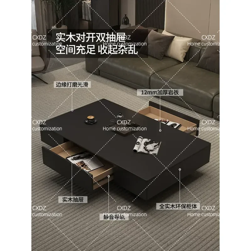 Solid Wood Rectangular Coffee Table with Rock Slab Top Modern Simple Black Tea Table for Living Room Home High End Italian