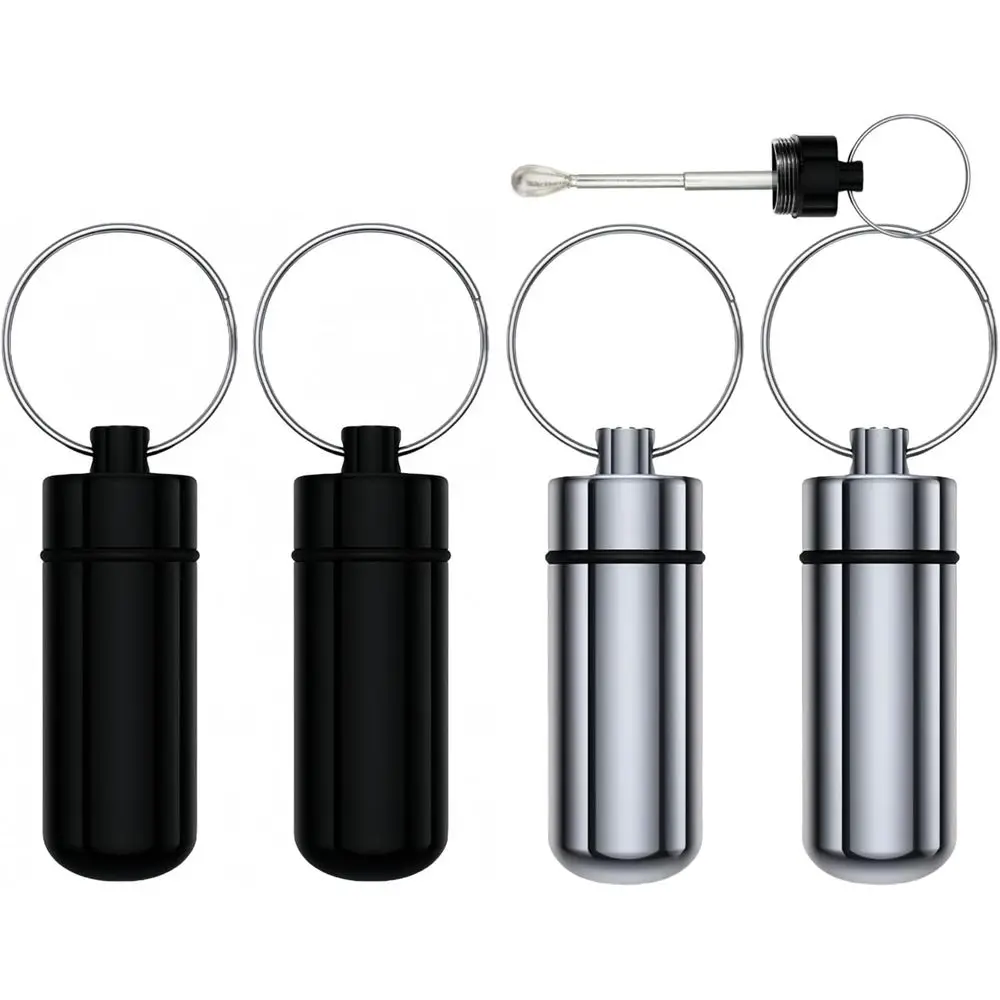 

Stylish Metal Pill Box Keychain Holder Set of 4 in Black and Silver