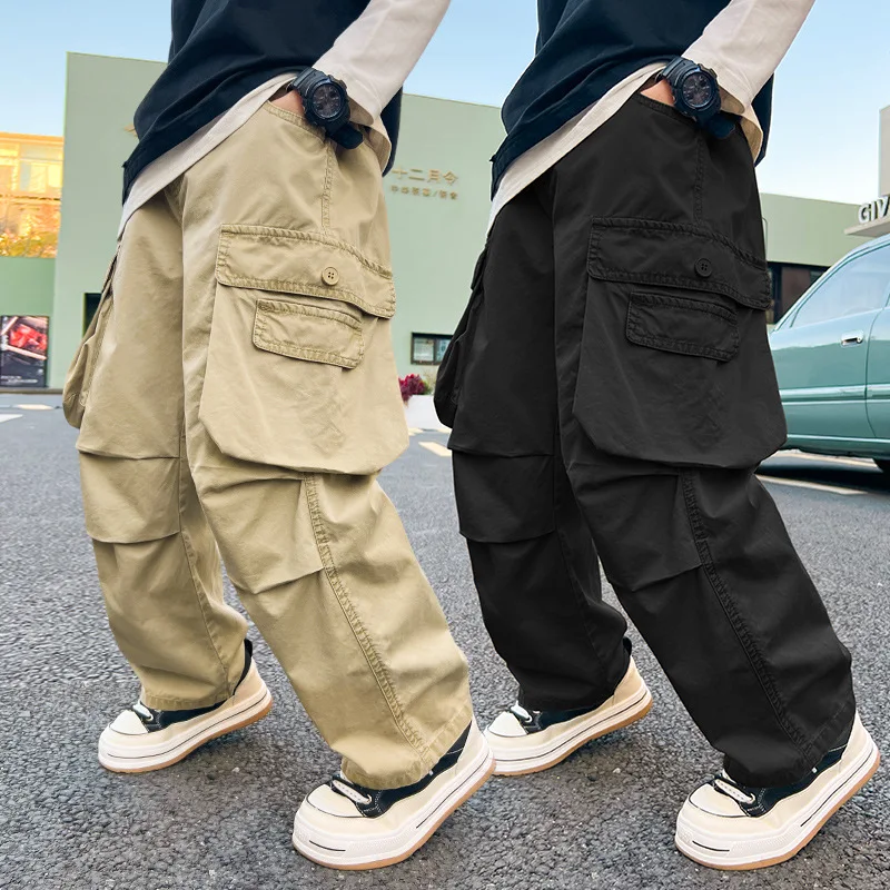 Teenage Boys Wide Leg Cargo Straight Leg Pants Children Trousers 2024 Spring New Feet Draw Rope Two Wear Casual Pockets Pants