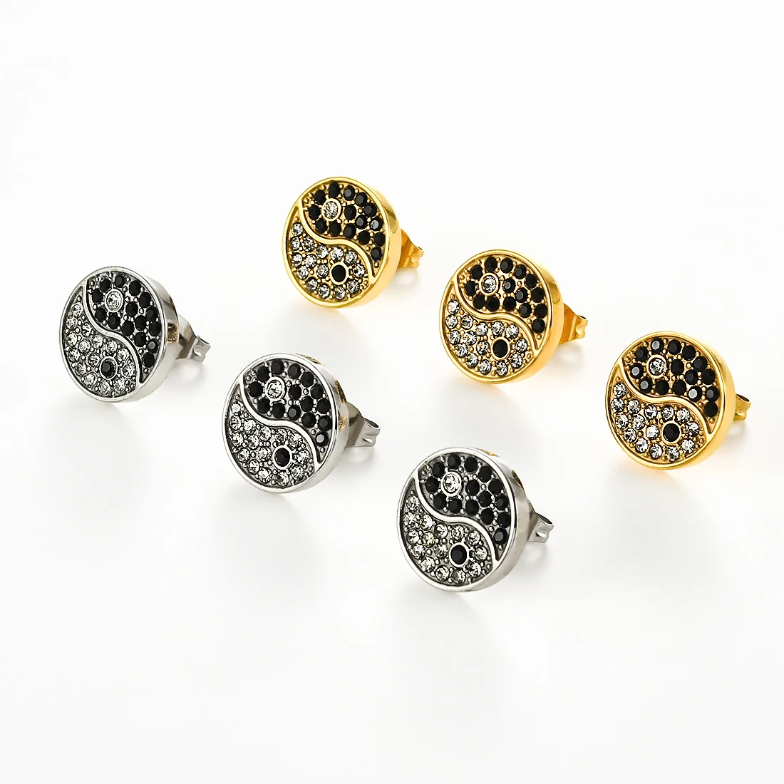 1 par de pendientes redondos de circonia Ying Yang Taichi para mujeres y niñas, pendientes brillantes de espinela negra y dorada de acero inoxidable, regalo