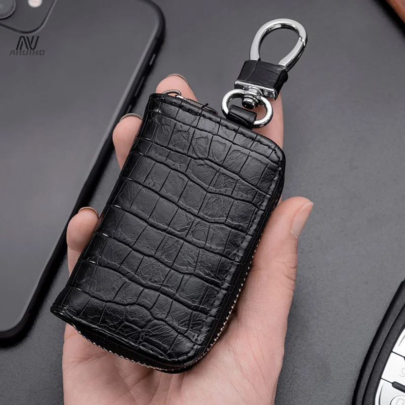 Car Keychain Cover Crocodile Pattern Men's Keychain Leather Car Key Wallet Butler Key Storage Bag Zipper Key Bag Unisex Pouch