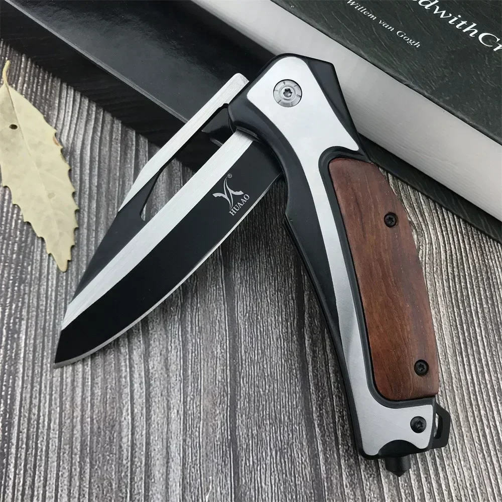 HUAAO DA130 Bearing Flipper Folding Pocket Knife 5Cr13Mov Blade Colored Wood Handle Outdoor Camping Hunting Tool Tactical Knife