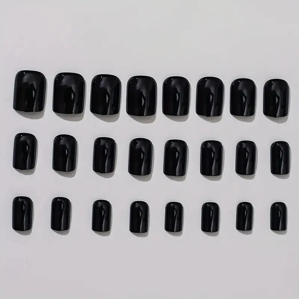 24pcs Medium Square Black Press On Nail Highlight Nails Solid Colored Wear Nails Cute Press On Nails Summer Press On Fake Nails