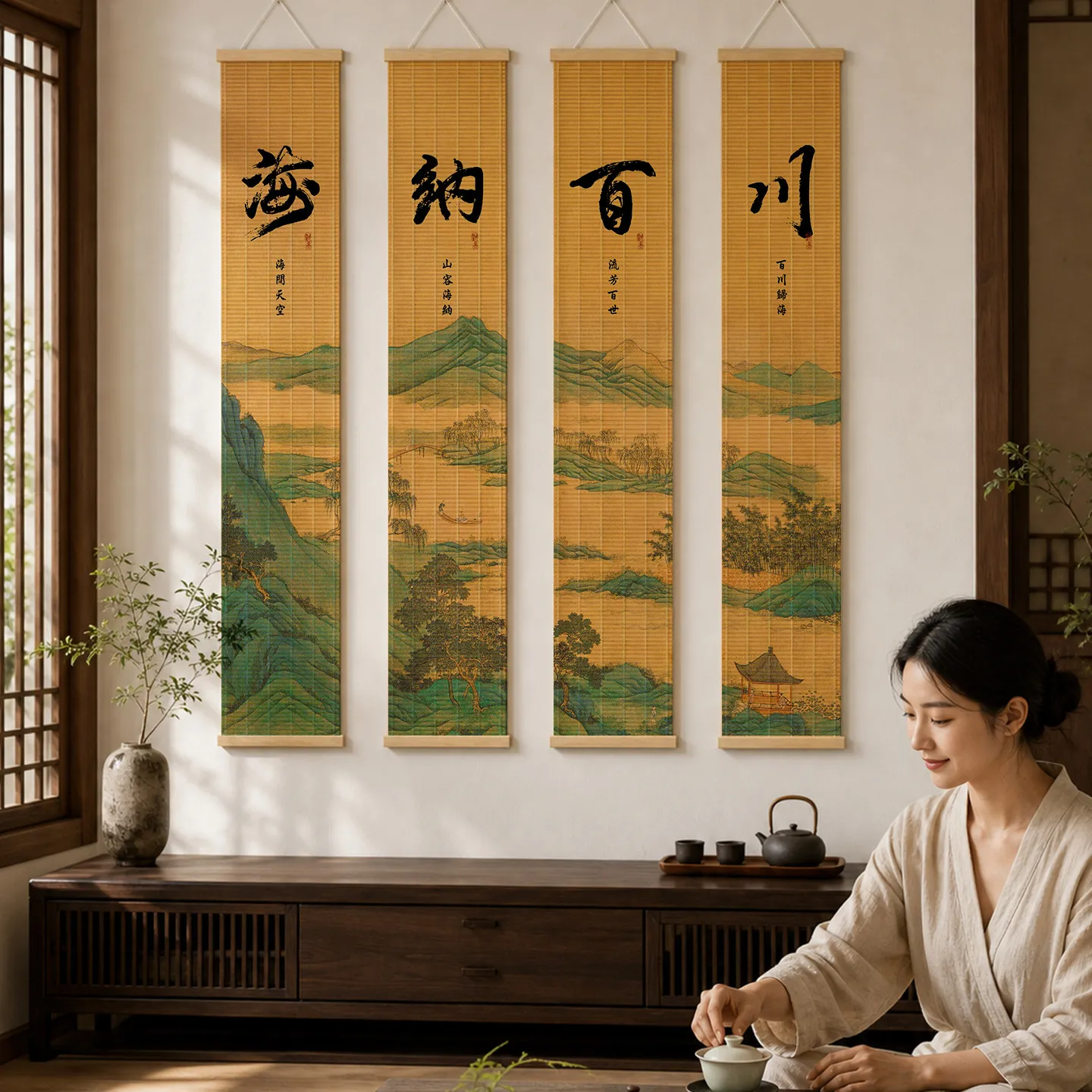 Wall Art 30x150cm Bamboo Scroll Wall Decor Paintings Slow Living Zen Sanctuary Tatami Room Calligraphy Studio Tea Ceremony