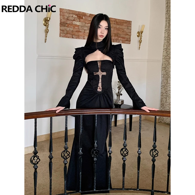 

ReddaChic Spider Web Hollow Dress Set Women Extra-cropped Jacket Shrug Top Strapless Mermaid Split Long Dress Alt Gothic Clothes