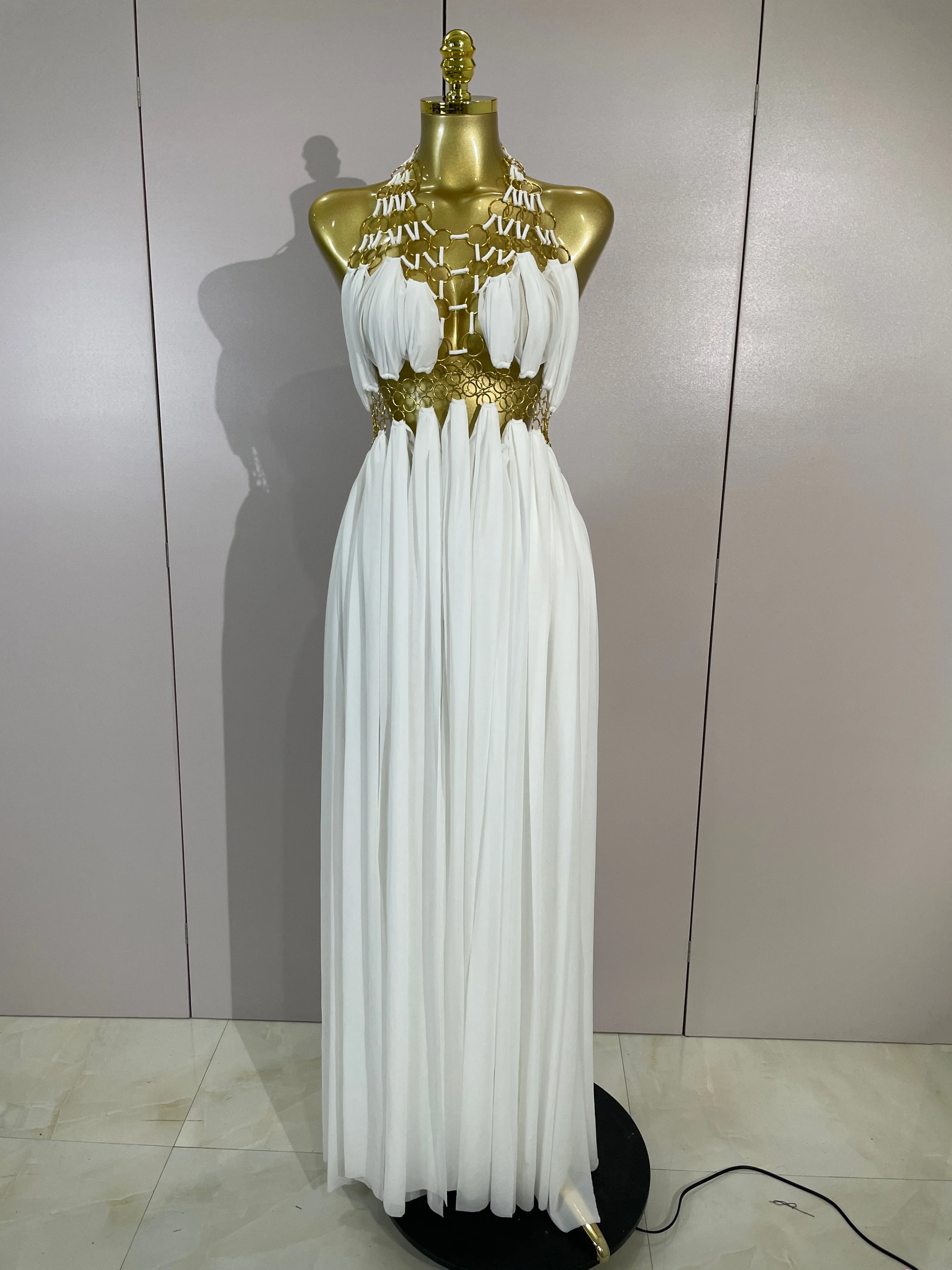 White Sexy Hollow Out V Neck Backless Black Mesh Long Dress Women Eveing Birthday Party Nightclub Bar Stage Performance Costume