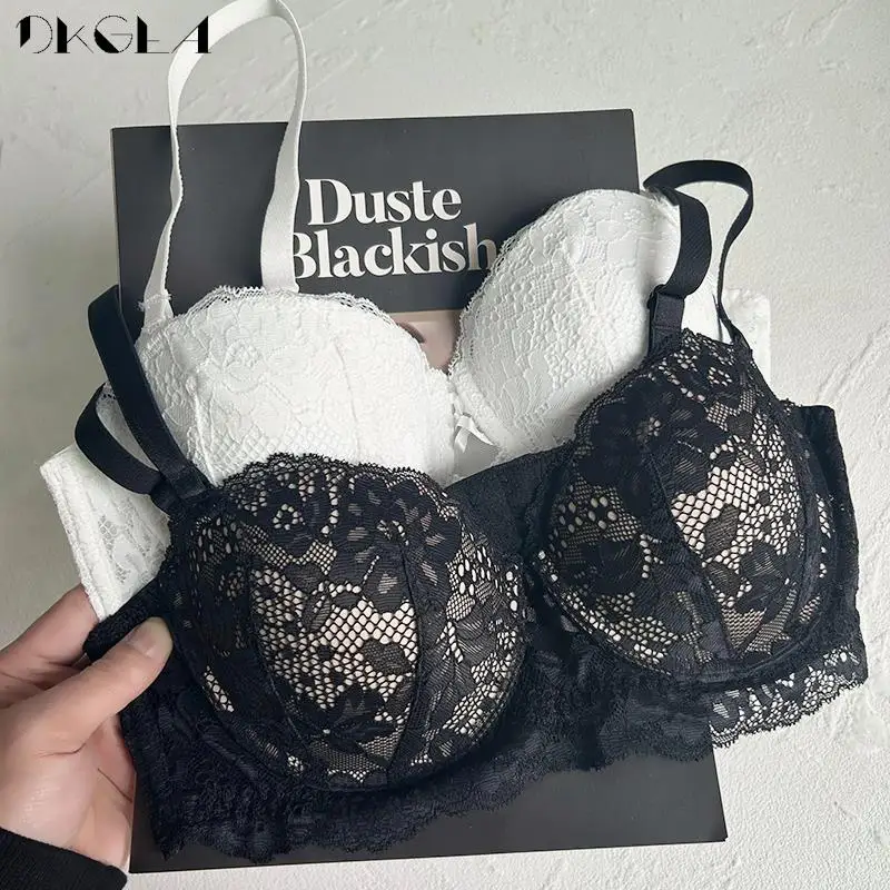 1/2 biustonosze koronki Plus Size komplety bielizny kobiet Sexy gruby wyściełany komplet biustonosz Push-Up bielizna damska czarnej haftowanej stanik