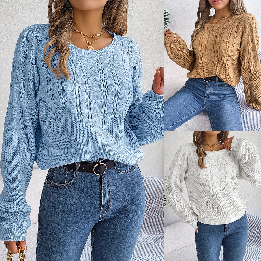 Autumn Winter Clothing For Women Casual Lantern Long Sleeve Knitted Sweater Pullovers White Khaki Blue