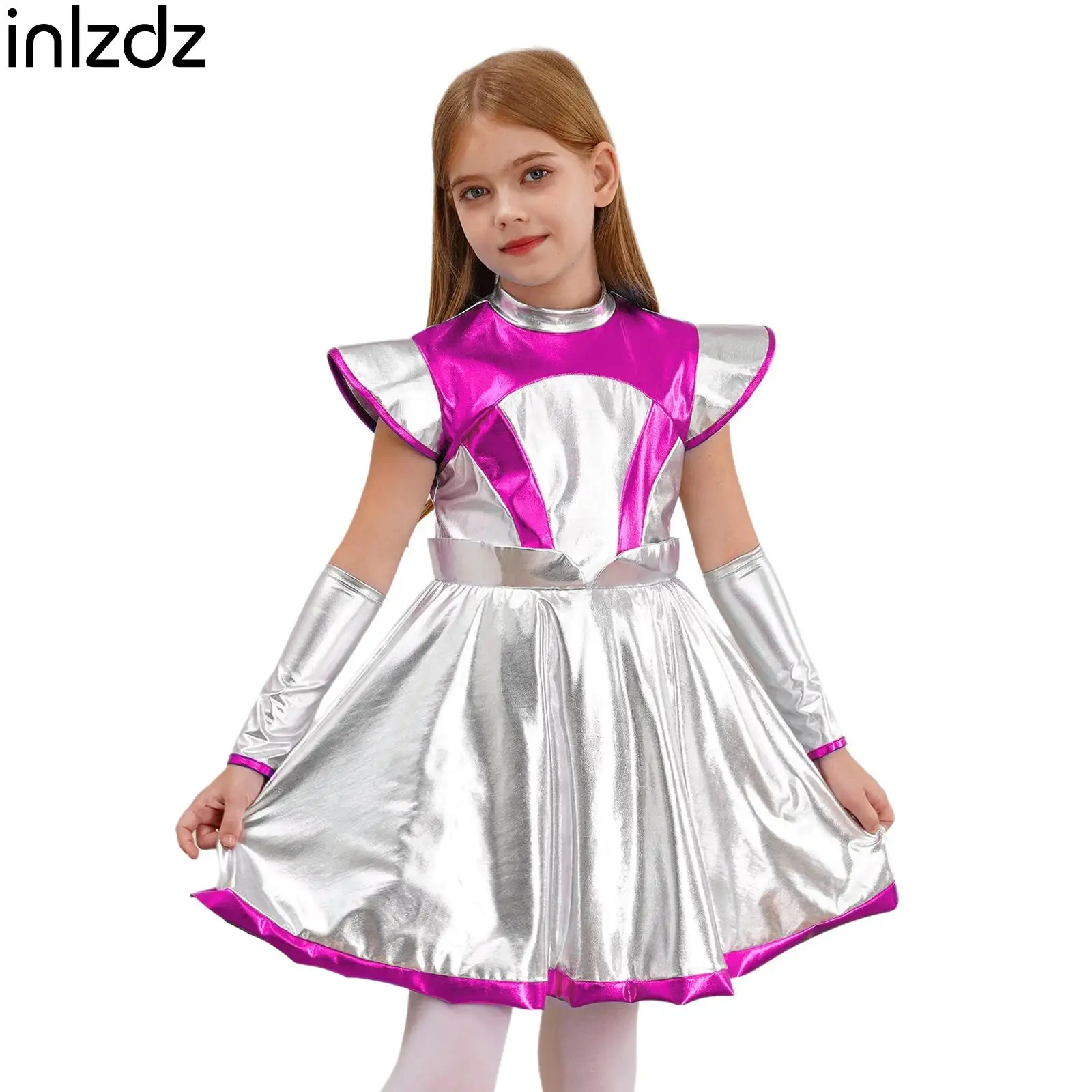 

Girls Alien Costumes Outer Space Cutie Costumes Cap Sleeve Dress for Halloween Fancy Dress Performance Cosplay with Arm Sleeve