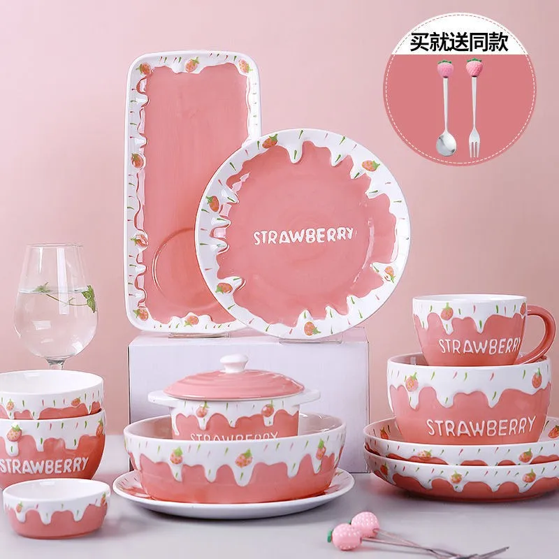 

Pink Strawberry Bowl with Lid Ceramic Delicate Cute Girl Heart Tableware Salad Dessert Steamed Egg Soup