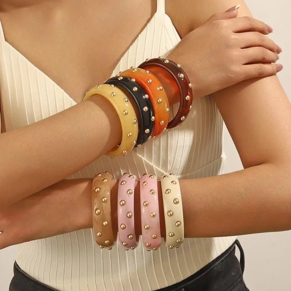 Punk Inlaid Beads Geometric Chunky Bangle Resin Wide Width Stackable Wide Bracelets Gold Beads Round Acrylic Bangle Women