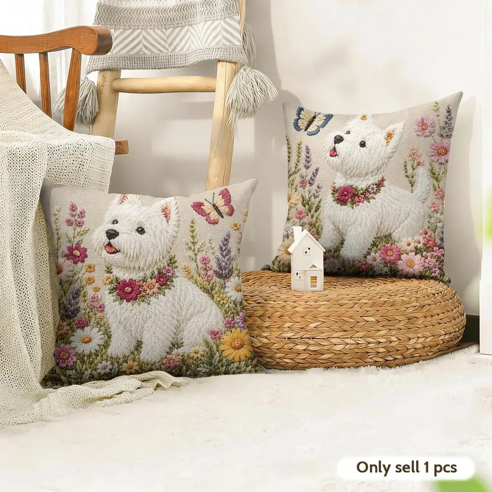 2D Cute Dog West Highland Terrier Flowers Cushion Cover Natural Linen Organic Fabric Double-Sided Room Sofa Decor Pillow Case