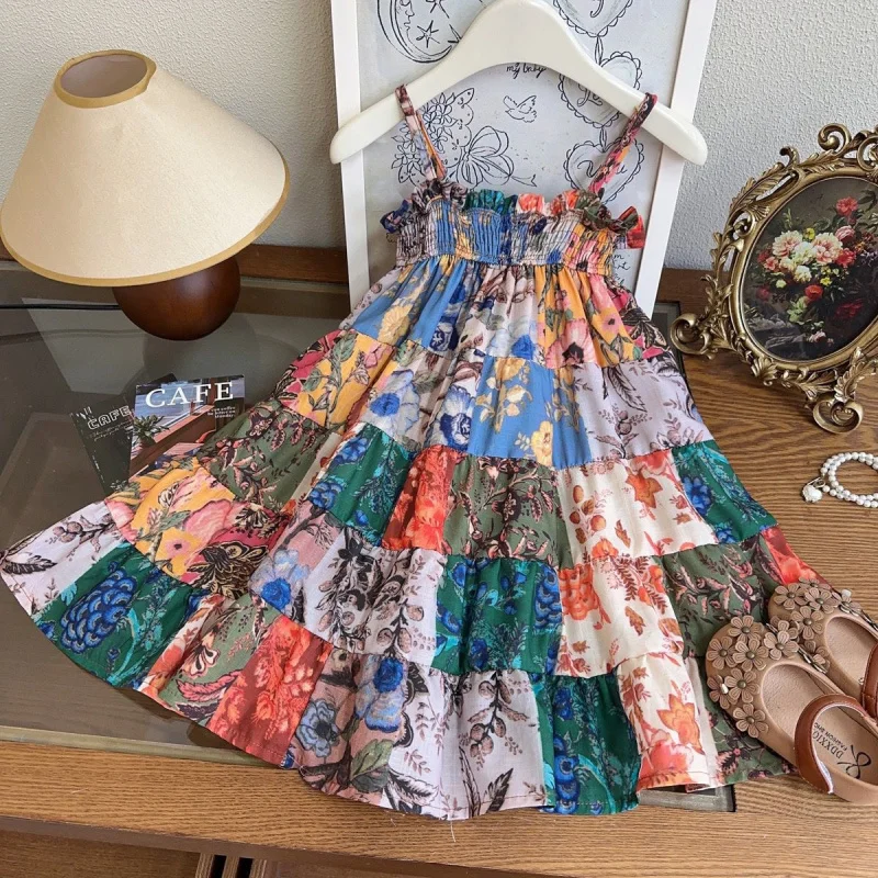 

Girls' Summer Dress2025New Printed Strap Princess Dress for Baby Girls Holiday Style Children's Dress Wholesale