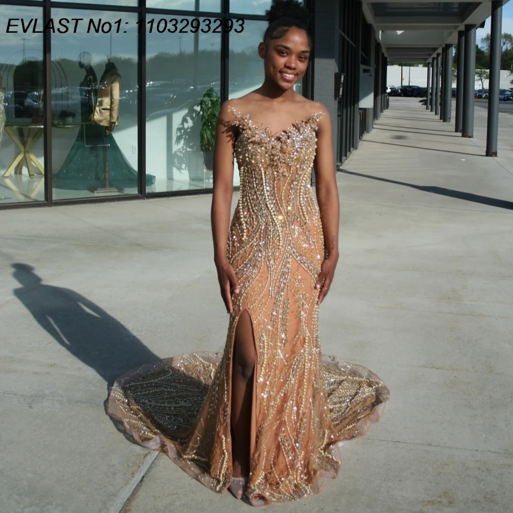EVLAST Maßgeschneidertes glitzerndes Champagner-Abschlussballkleid für schwarze Mädchen, Pailletten-Kristall-Abendkleid mit hohem Schlitz für Party, Robes De Soirée FP170