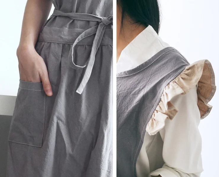 レトロなツートーンのフリル付き田舎風コットンとリネンのエプロン、女性用かわいいガーデニング作業服 H1