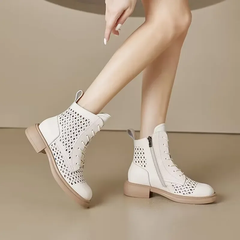 2024 New Uxst Retro Genuine Leather Hollow Cool Boots for Women with Thick Soles and Lace Up Korean Zipper Casual Women's Shoes