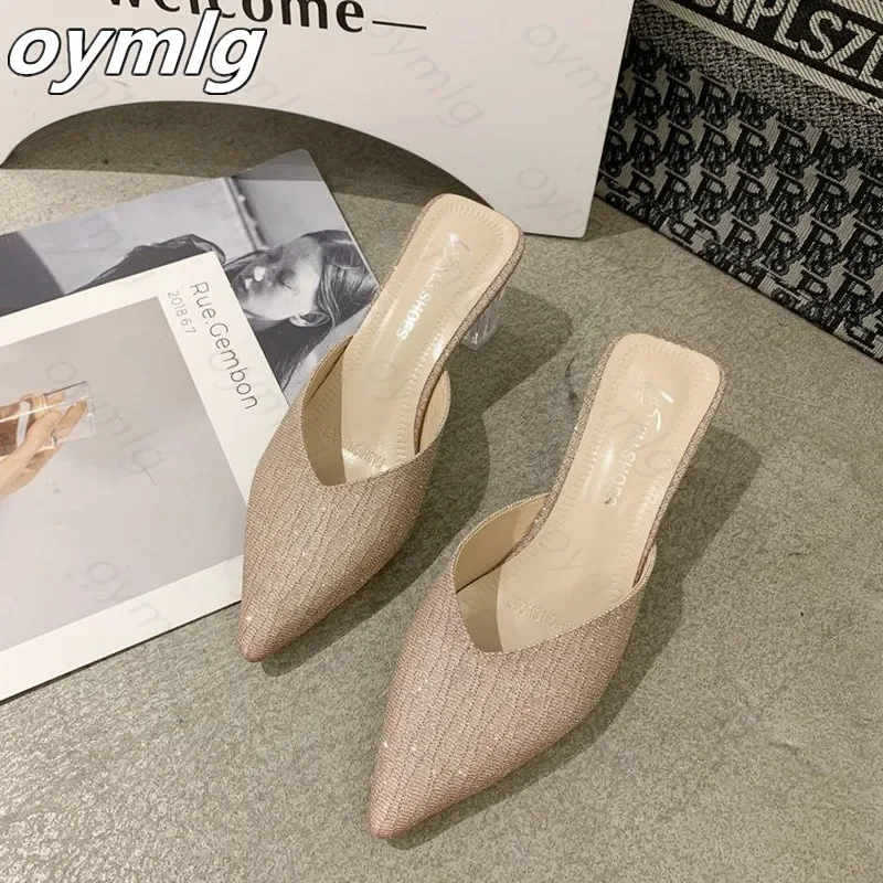 Baotou Half Drag Women's Summer Wear 2021 New Korean Thick Heel Pointed Sequin Fashion Crystal Heel Shoes