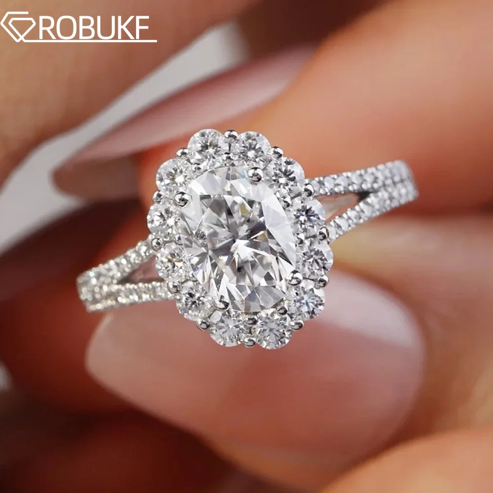 

2 Carat D Color Oval Cut Halo Moissanite Ring for Women GRA 925 Sterling Silver Split Shank Half Eternity Wedding Band Jewelry