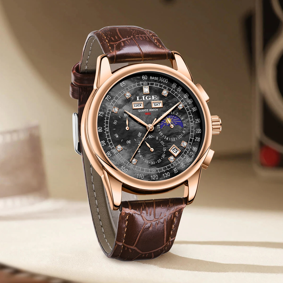 LIGE Fashion Leather Watch For Men Casual Business 24 Hour Moon Phase Quartz Chronograph Watch Male Waterproof Men's Watches