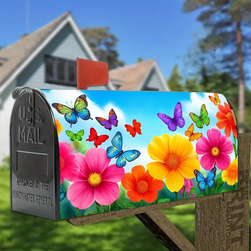 1pc Blue sky, white clouds,colorful butterfly and flower mailbox cover,suitable for outdoor mailbox decoration for summer,yards