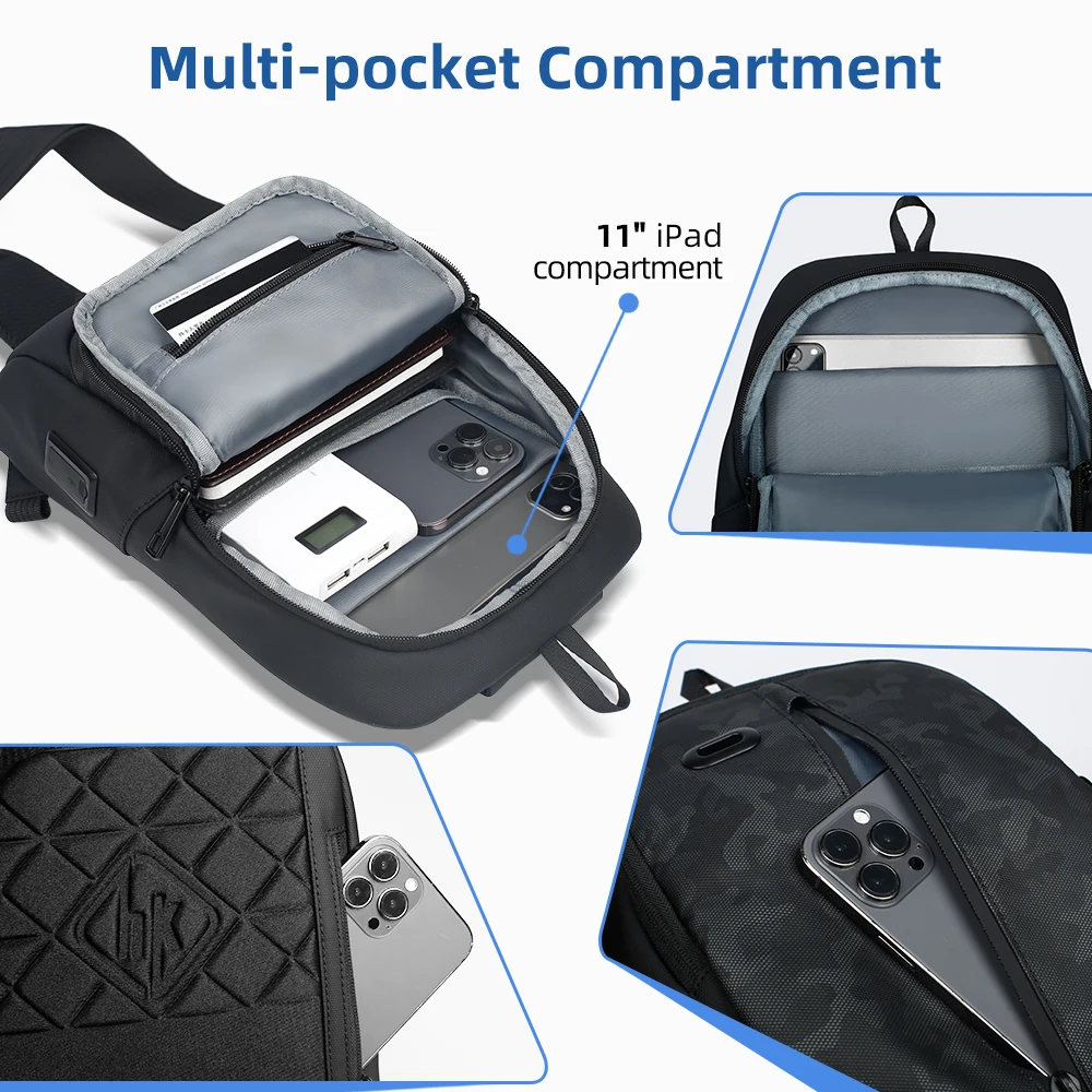 HK New Chest Bag Men Anti-thief Crossbody Bag Waterproof Shoulder Bag With USB Charging Short Trip Travel Pack Bag For Male 7118