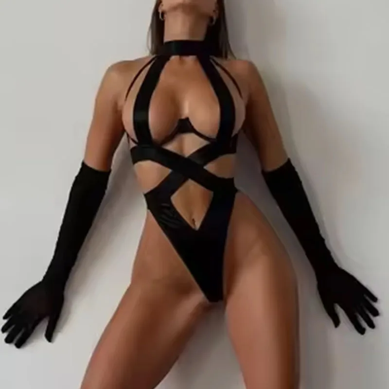 See Through Black Porn Bandage Hot Sensual Body Sexy Lingerie Bodysuit Women Halter Hollow Out Open Bra Thong Exotic Clothing