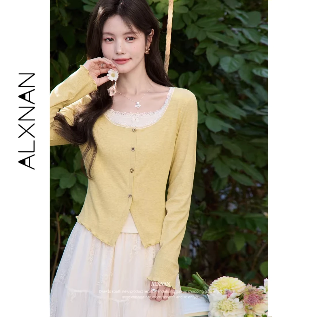 ALXNAN Blue Women's T-shirt with Lace Collar Elegant Wooden Flower Buttons Tees Casual Fake Two-piece Short Sleeve Top L62123-5 view 6