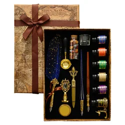 Antique Feather Dip Pen Kit Retro Wooden Dip Pen Set Classic Wax Seal Stamp Kit for Calligraphy Art Words Gifts Christmas