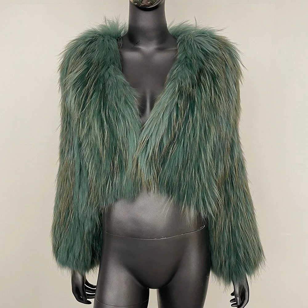 Chaqueta de piel de mapache Natural con cuello en V cálido 2025 Otoño Invierno nuevo abrigo de piel grueso de doble cara para mujer corta europea