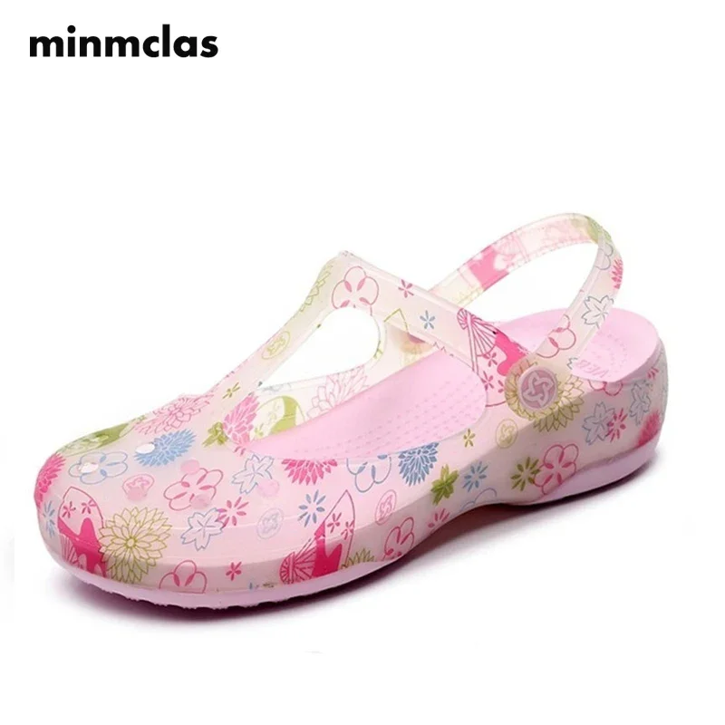 Minmclas Women's Sandals Summer Beach Slippers Flat Shoes Garden Jelly Clogs Waterproof Printing Pattern Design Hospital