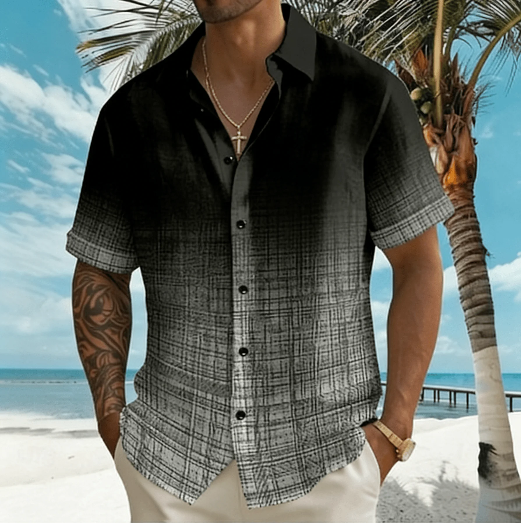 

Men's Black Gray Gradient Print Short Sleeve Shirt, Spring Summer Business Casual Blouse, Loose Daily Top