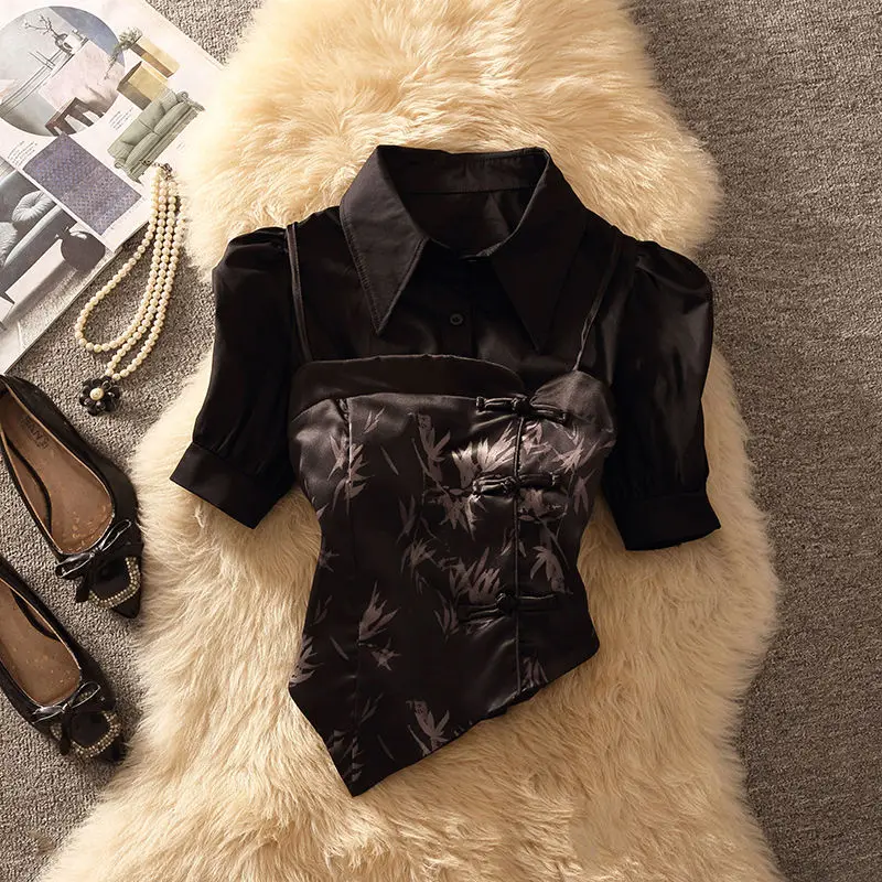 Shirts & blouses Spring and Summer Women's Clothing Sales Chinese ink Printing Small  Women's Design Sense Irregular Buckle Top