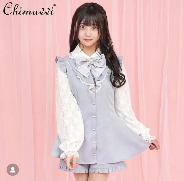 Sc Set Japanese Ground Bud Long-sleeved Lace Stitching Slim-fit Shirt Top and Shorts 2-piece Set Spring Lolita Kawaii Sets