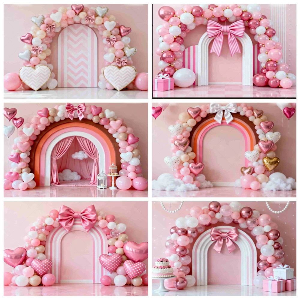 

Pink Balloon Arch Backdrop with Large Bow and Gift Boxes for Birthday Baby Shower Photography Background Party Photo Booth Decor