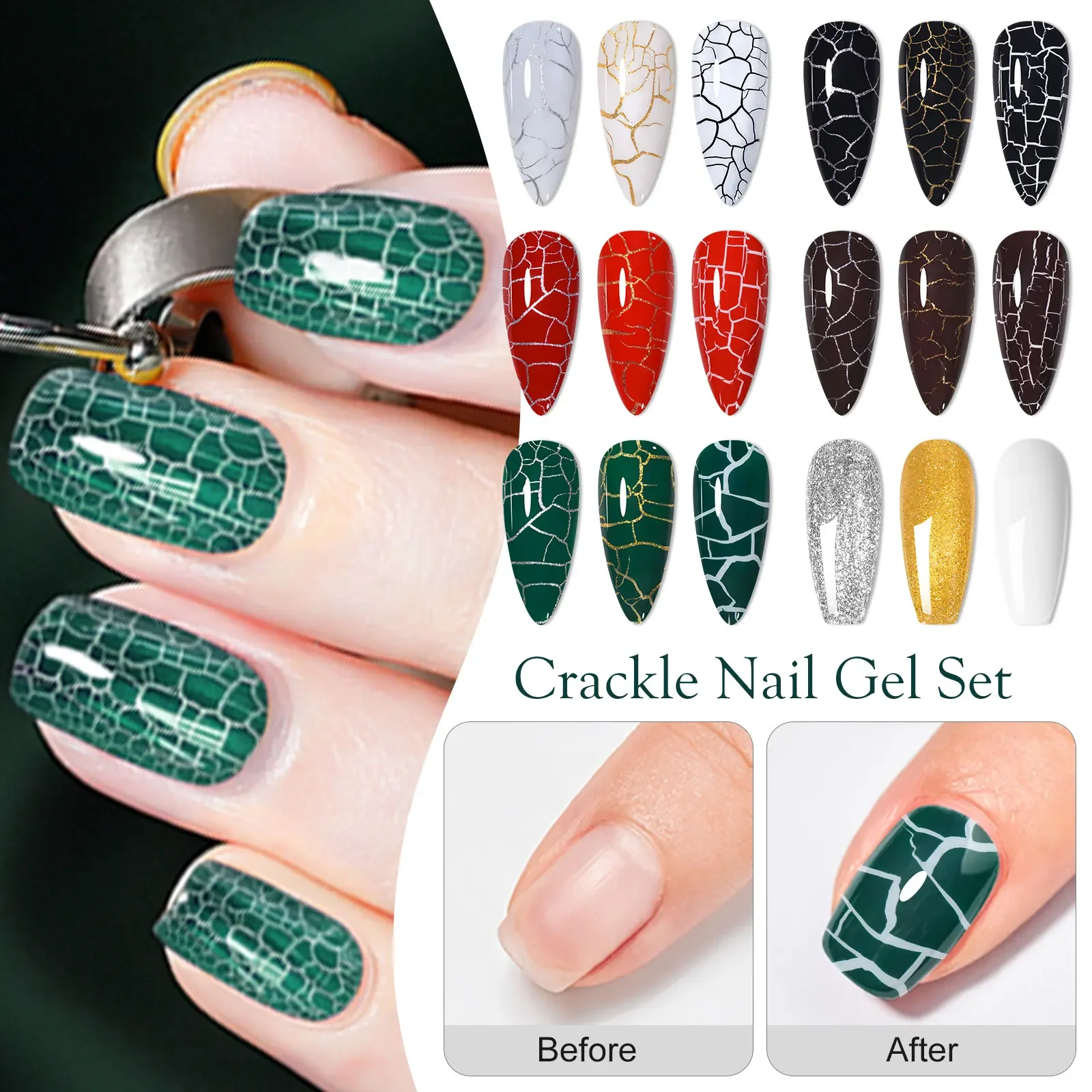 8PCS Crackle เจลเล็บชุดเงินทองสีขาวฐานสีเจลกึ่งถาวร Soak Off UV GEL เคลือบเงาสําหรับเล็บ