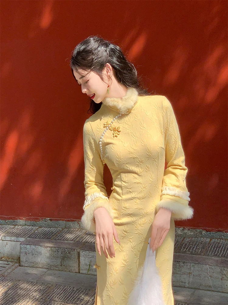 Qipao long amélioré pour jeune fille, jaune canard, respirant, à motif floral, à manches longues, pour usage quotidien