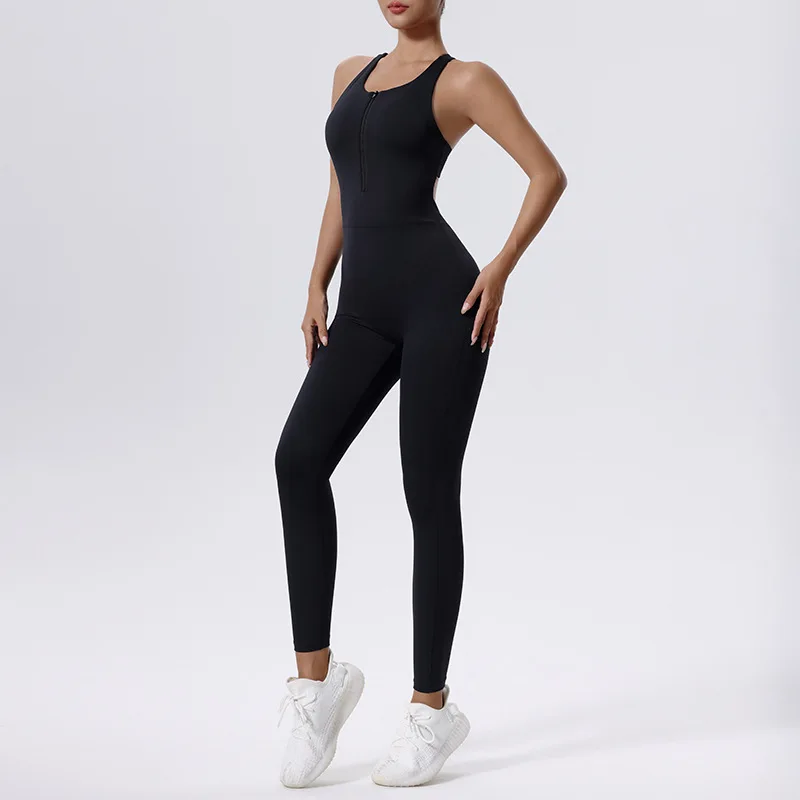 Conjunto de ioga feminino de peça única, terno com zíper, manga curta, push up para academia, roupas de treino, roupas esportivas fitness, macacões