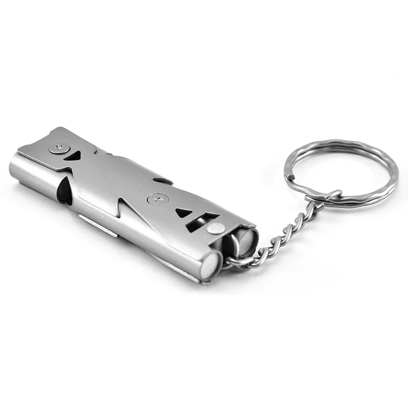 High Decibel Whistle Portable Keychain Stainless Steel Double Pipe Camping Hiking Emergency Survival Whistle Outdoors Tools 2021