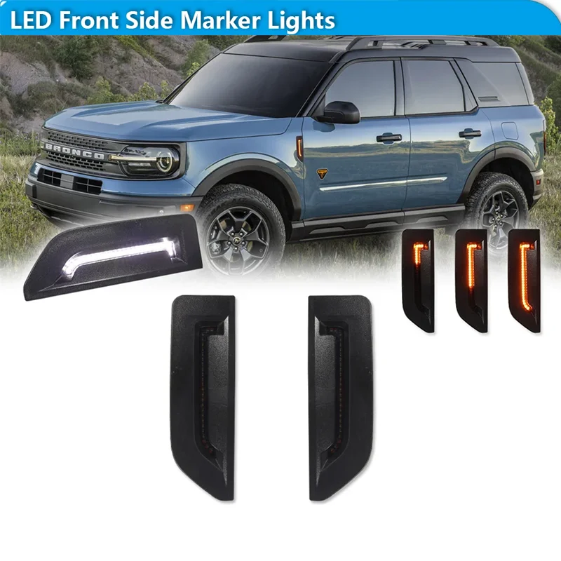 

For Ford Bronco 2021-2024 Sequential Amber LED Front Fender Side Marker Turn Signal Lights w/ White DRL Parking/Driving Lights