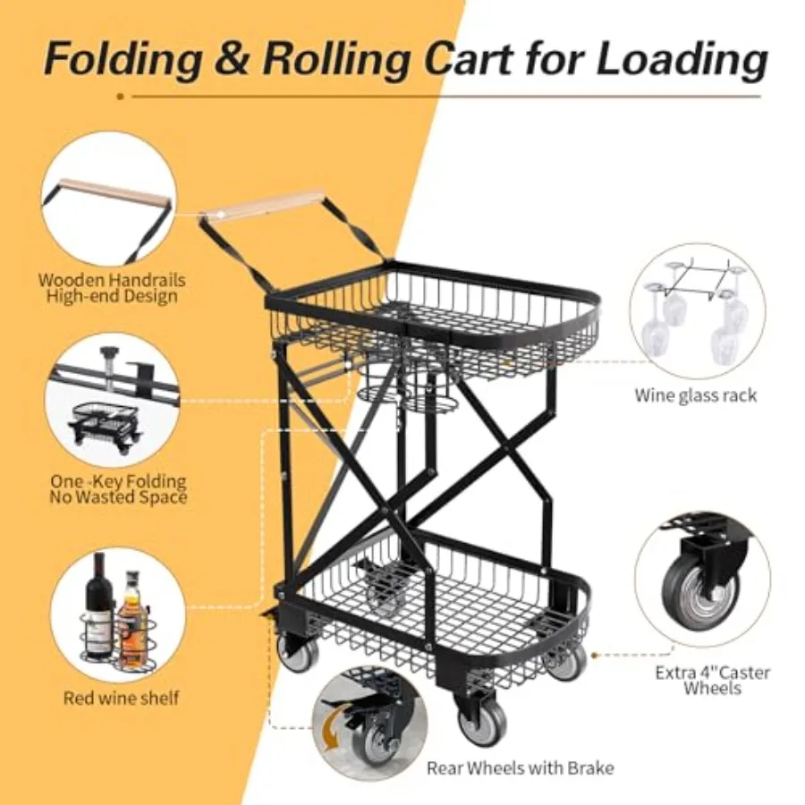 Chariot de courses pliable à 2 niveaux pour épicerie, avec roues pivotantes à 360 degrés, robuste, multifonction, pliable
