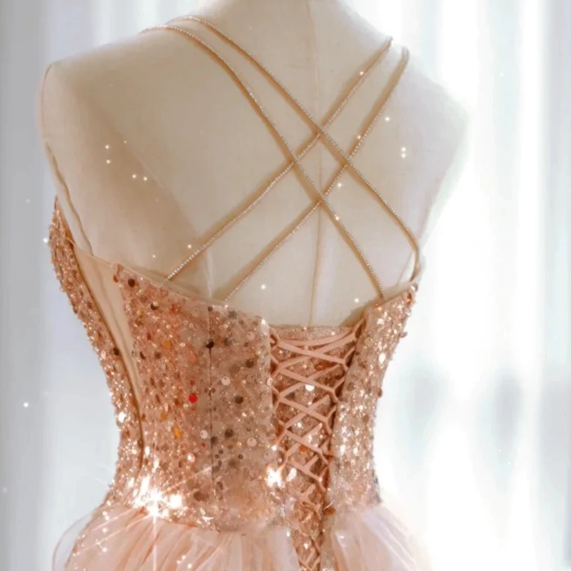 Роскошные вечерние платья цвета шампанского, золотое платье на тонких бретельках, русалка с бисером, лента с блестками, сексуальный шлейф, платье для невесты, пляжной вечеринки, выпускного вечера, 2025