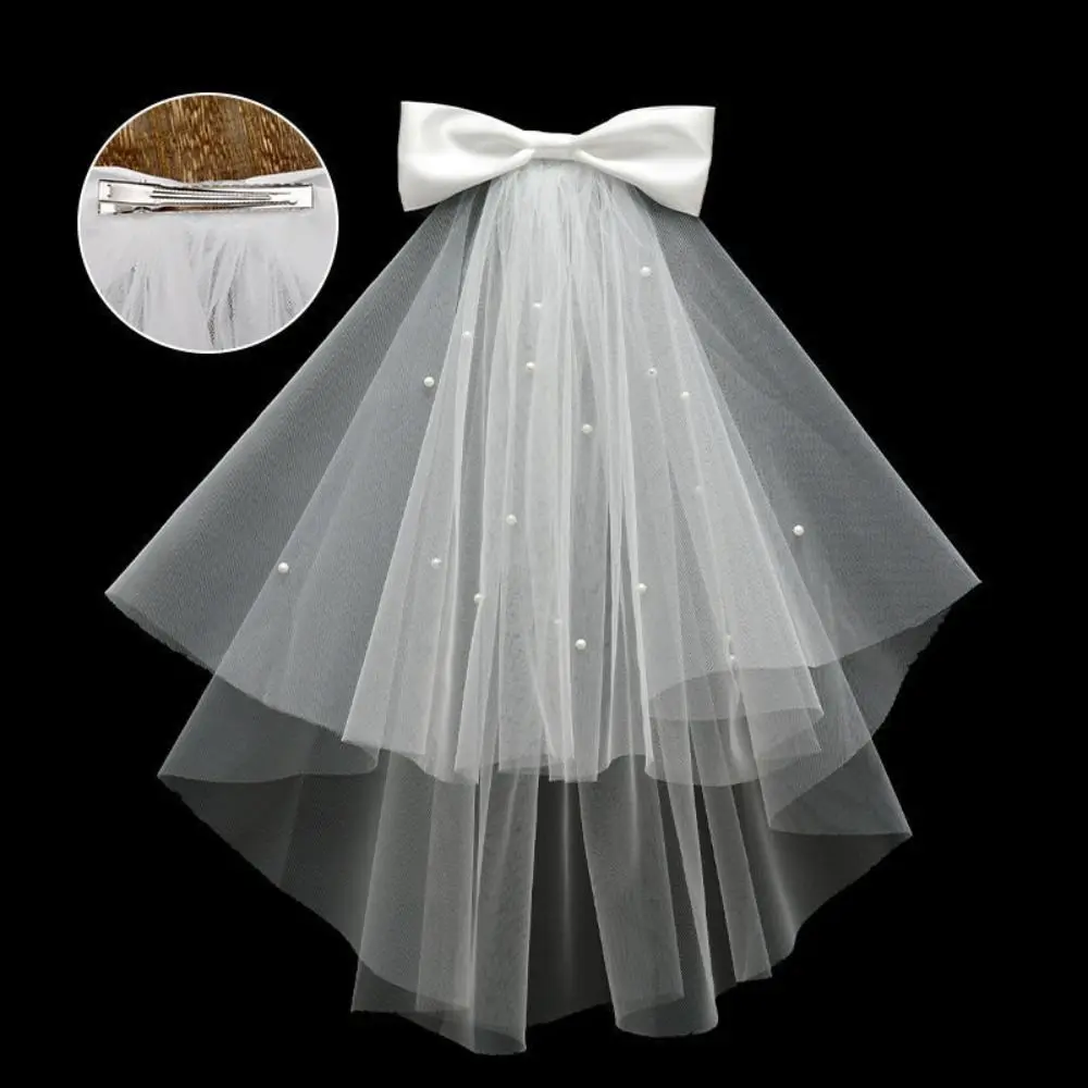 

Short Flower Bridal Veil Bow Ribbon Marry Veil Double Layer Bridal Headdress Wedding Gauze Women