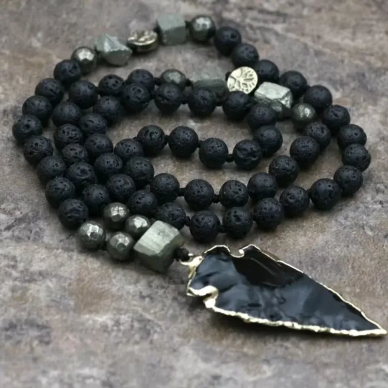 Crystal Gemstone Pendant Necklace Long Necklace Lava Obsidian Beaded Healing Protection Strength Inner Peace Balance Necklace