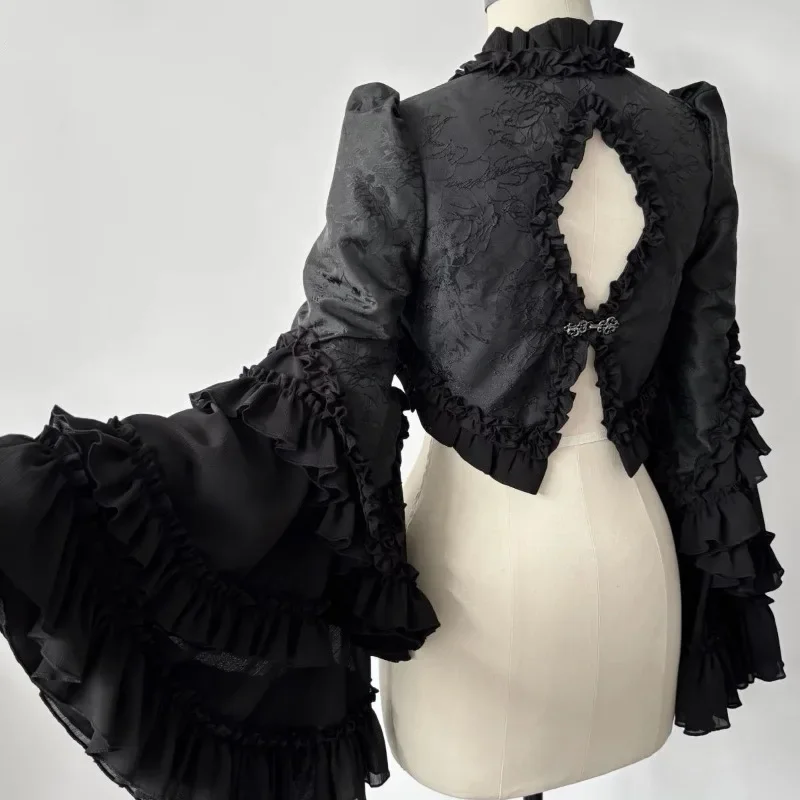 

Lolita Style Japanese Coats Women Crop Tops Stand Neck Flare Sleeve Tunic Jackets Hollow Out Backless Ruffles Fashion Outwear