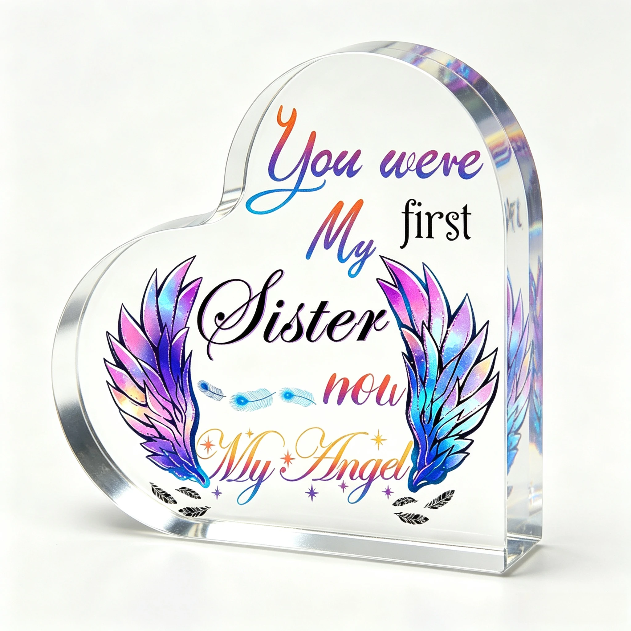 Acrylic Heart-Shaped Wall Pediment, Transverse Memorial Sister Ornament, Sentimental Bedroom Living Room Office Decor, Angel Wing Sisterhood Tribute without Feathers - Use Without Electricity