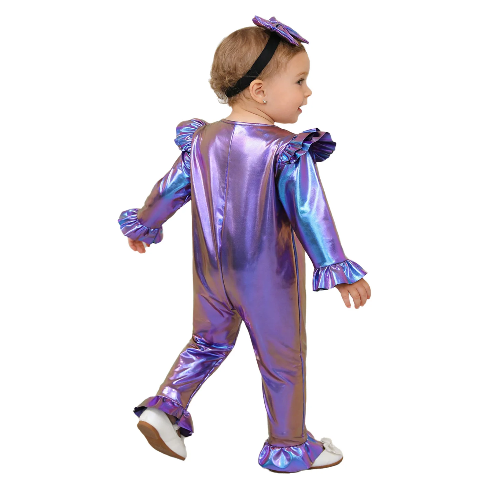 Baby Girls Long Sleeve Zipper Fashion Metallic Shiny Ruffles Romper with Headband Birthday Disco Theme Party Carnival Jumpsuit