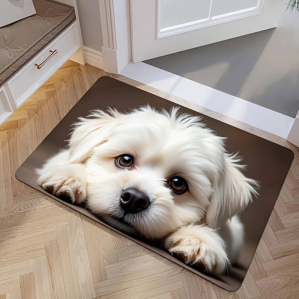 Cute White Puppy Door Mat Carpet Mat Rug Home Decoration Small Dog Pattern Non Slip Floor Mat for Entryway Welcome Mat