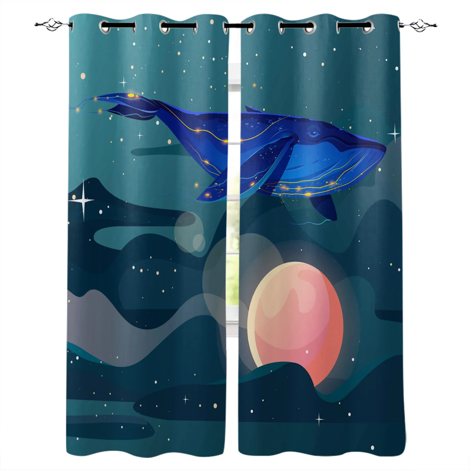 Animal Whale Starry Sky Blue Window Treatment Living Room Curtain Kids Bedroom Decorative Kitchen Curtains Drapes