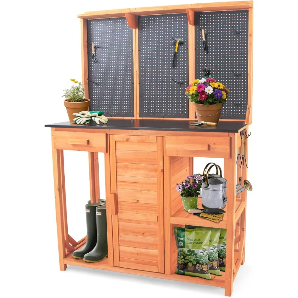 

Outdoor Potting Bench, Wooden Potting Table with Metal Tabletop,Garden Work Bench with Drawer and Free Matching Storage Cabinet
