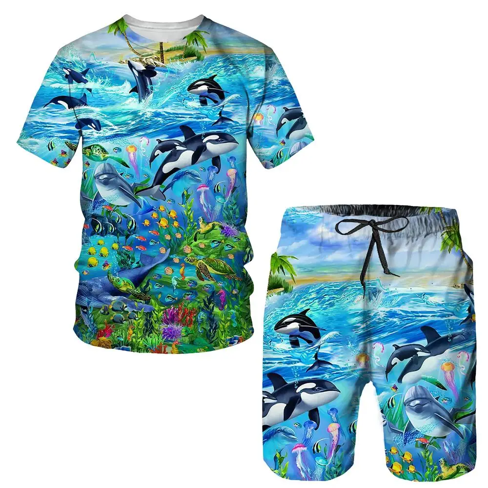 3D Dolphins Graphic T shirts Set Fashion Men/Women Casual Tracksuit Suit Summer Street Trend Outdoor T-shirt+Shorts 2PCS